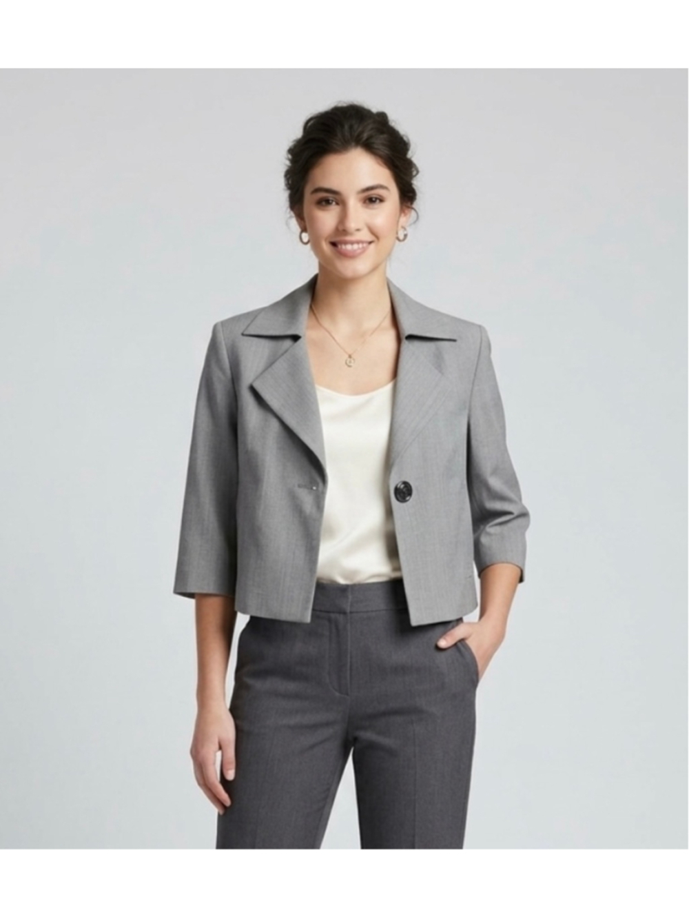 Ninety Vintage Gray Cropped Blazer Jacket Single Button Corporate Workwear